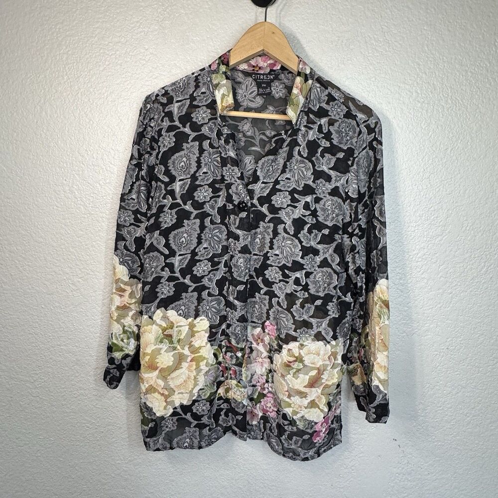 Citron Santa Monica Blouse Tunic Silk Floral Jacquard Burnout Sheer Petite M